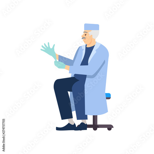 Doctor putting on gloves flat vector illustration. Professional surgeon in uniform isolated cartoon character on white background. Medical exam, regular check, heart and brain surgery preparing