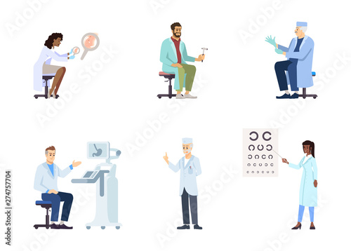 Doctors flat vector illustrations set. Medical specialists isolated cartoon characters on white background. Therapists, practitioners regular check, exam. Ophthalmologist, dermatologist, pediatrician