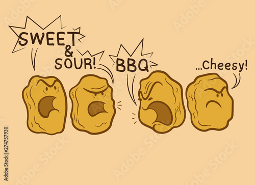 Сute Cartoon nuggets argue what sauce to choose. And it can be a really hard choice.