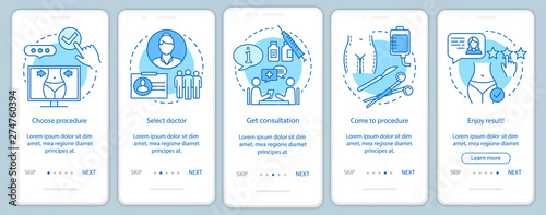 Plastic surgery center treatment procedure onboarding mobile app page screen with linear concepts