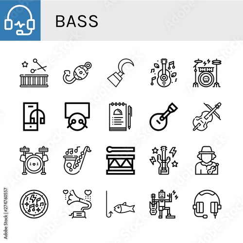 Set of bass icons such as Headphones, Drum, Fish hook, Hook, Music, Drum kit, Headphone, Drums, Notes, Guitar, Cello, Drum set, Saxophone, Bass guitar, Musician, Musical notes , bass