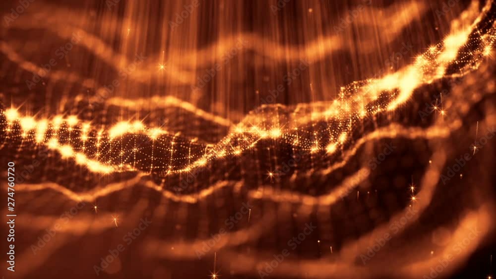 Microworld or nano technology golden background. Seamless looped animation with glow particles. Abstract sci-fi virtual space of luminous particles oscillate and form wavy dot structures in 3d. 12