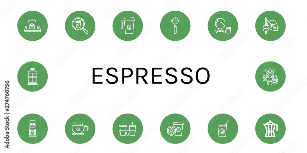Set of espresso icons such as Coffee cup, Portafilter, Barista, Coffee, Coffee grinder, Cup carrier, Paper cup, Cold maker, French press , espresso