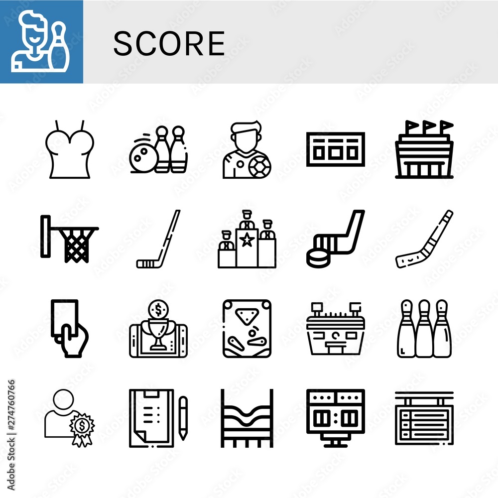 Set of score icons such as Bowling, Top, Bowling pins, Footballer