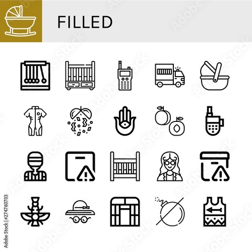 Set of filled icons such as Cradle, Pendulum, Walkie talkie, Prisoner transport vehicle, Moses basket, Neoprene, Confetti, Semitic neopaganism, Peach, Referee, Important delivery , filled