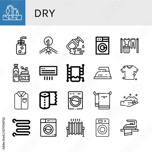 Set of dry icons such as Drought, Cold water, Moisturizer, Washing machine, Laundry, Air conditioning, Heated towel rail, Iron, Ironed, Paper towel, Beach towel, Washing , dry