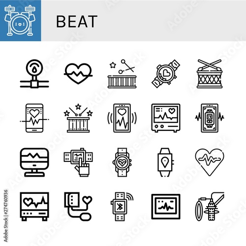 Set of beat icons such as Drum set, Pressure, Heart rate, Drum, Smartwatch, Heart monitoring, Electrocardiogram, Blood pressure, Ecg, Dubbing , beat