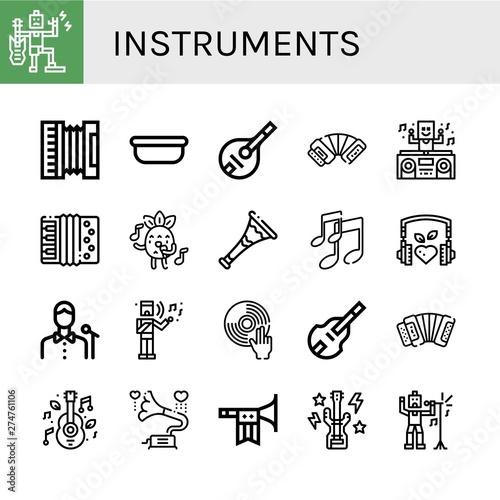 Set of instruments icons such as Music, Accordion, Surgical tray, Mandolin, DJ, Singing, Trumpet, Singer, Musical, Double bass, Gramophone, Bass guitar , instruments
