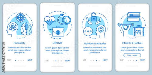 Psychographics targeting blue onboarding mobile app page screen vector template. Personality lifestyle walkthrough website steps with linear illustrations. UX, UI, GUI smartphone interface concept