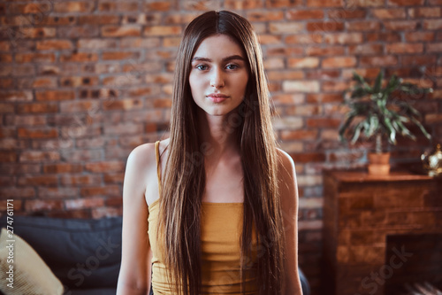 Portrait of beautiful young woman with long broun hair over brick wall background.