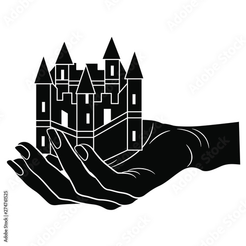 Human female hand holding a medieval castle. Black and white flat silhouette.
