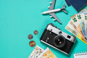 Summer travel concept top view.