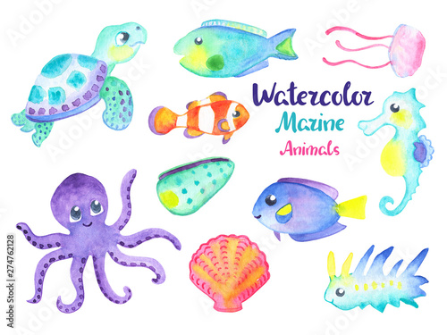 Cute marine animals on white background. Sea animal character watercolor illustration. Seahorse, octopus, sea turtle isolated