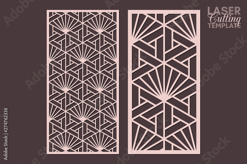 Laser cut cabinet fretwork perforated panel templates with pattern in japanese kumiko style. Geometric hexagon ornamental panels, rate 1:2. Metal, paper or wood carving. Outdoor screen. photo