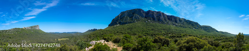 Cazevieille, France - 06 08 2019: Panoramic view of Peak Saint-Loup