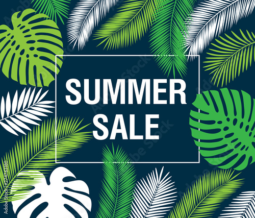Summer sale. Promotional poster with tropical leaves. Dark background. Vector illustration.