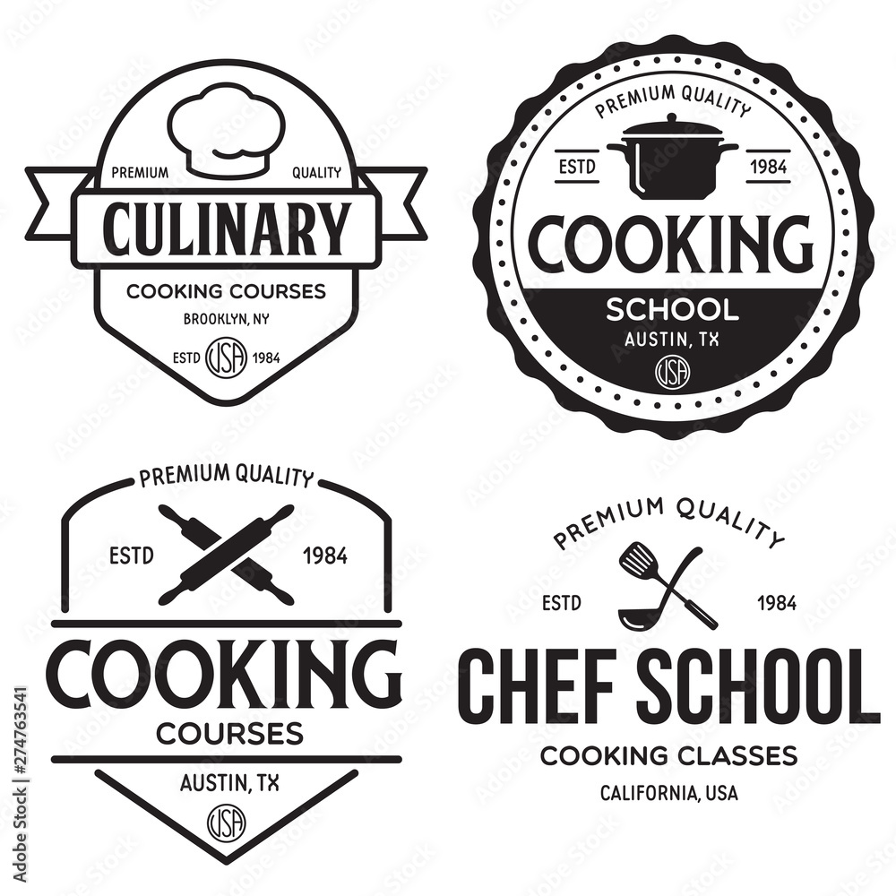 Obraz premium Set of vintage retro handmade badges, labels and logo elements, retro symbols for cooking school, culinary courses, food or home cooking.