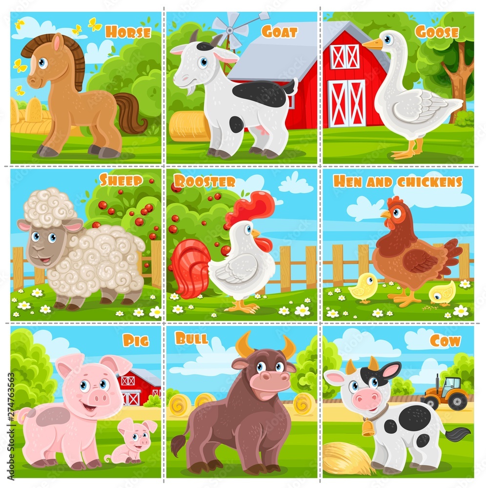 Cartoon animals on the background of the farm. Cards with names for cutting  and studying Stock Vector | Adobe Stock