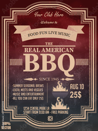 BBQ party invitation template with geometric elements on a chalkboard. Summer Barbecue weekend flyer. Grill illustration with barbeque food elements. Vector design for celebration, invitation cards.