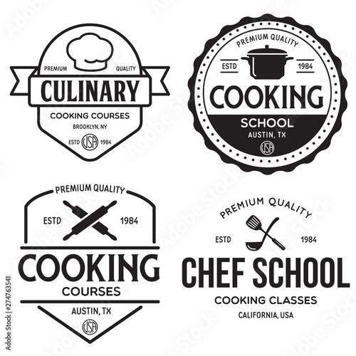 Set of vintage retro handmade badges, labels and logo elements, retro symbols for cooking school, culinary courses, food or home cooking.