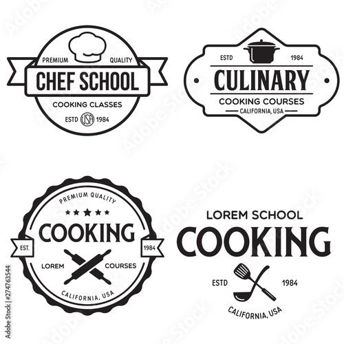 Set of vintage retro handmade badges, labels and logo elements, retro symbols for cooking school, culinary courses, food or home cooking.