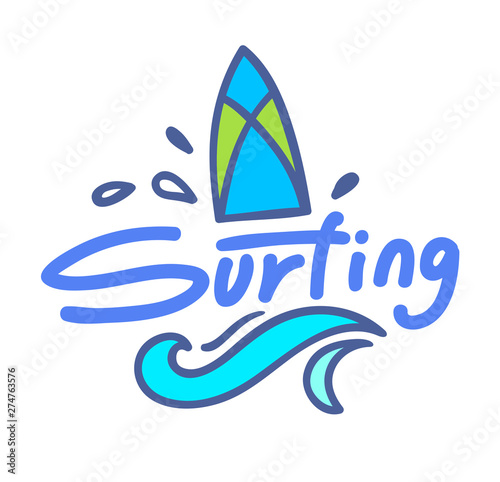 Canvas Print Surfing Lettering or Typography Design, Badge with Doodle Elements Surf Board wi