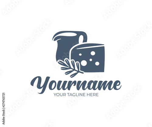 Dairy, milk in ceramic or clay jug, cheese and rosemary, logo design. Food and drink, cheese factory and dairy farm, vector design and illustration