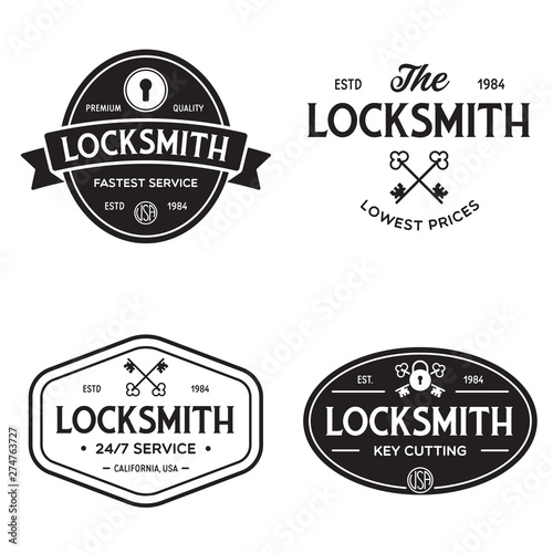 Set of vintage locksmith logo, retro styled key cutting service emblems, badges, design elements, logotype templates.