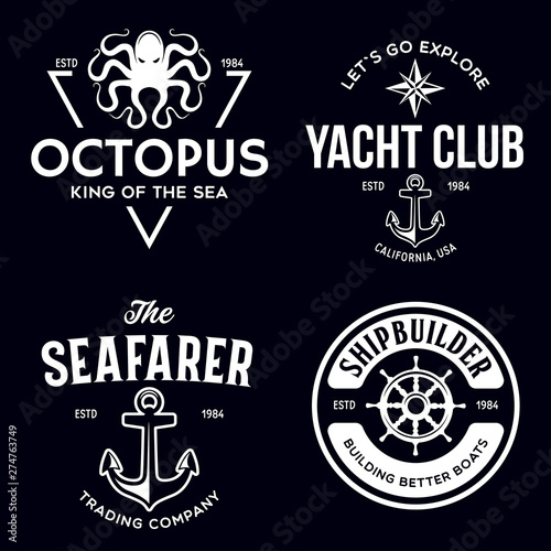 Set of sea and nautical typography badges and design elements. Templates for company logo. Marine cruise, yacht club, trading companym, shipbuilding and other themes.