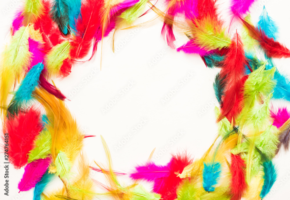 Obraz premium Beautiful colorful feathers on white background. Copy space