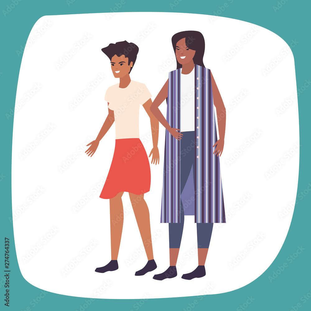 two women avatars standing icon vector ilustration