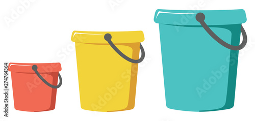 Three Beach Buckets red, yellow and blue photo