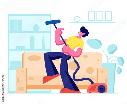 Man Dancing with Vacuum Cleaner as it is Electric Guitar, Householder Vacuuming Home in Living Room