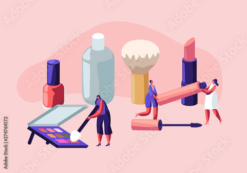 Women Spend Time in Beautician Parlor. Female Characters Testing Skin Care Products in Beauty Salon. Makeup Courses, Make Up School, Cosmetics Masterclass, Face Care. Cartoon Flat Vector Illustration