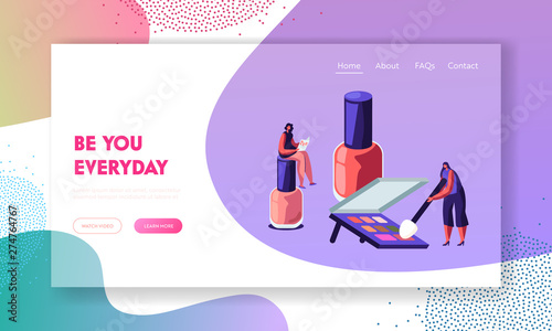 Woman Sit on Huge Nail Polish Bottle Reading Fashion Magazine, Girl Trying Palette in Beauty Salon Staff, Makeup Cosmetics Class Website Landing Page, Web Page Cartoon Flat Vector Illustration, Banner