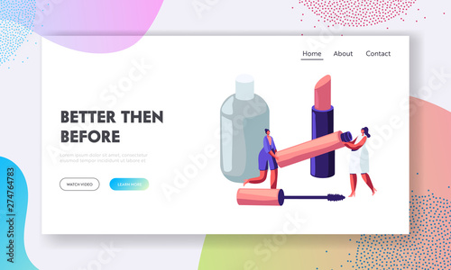Women Hold Huge Mascara Tube in Beautician Parlor. Female Characters Testing Skin Care Products in Beauty Salon. Makeup Courses Website Landing Page, Web Page. Cartoon Flat Vector Illustration, Banner