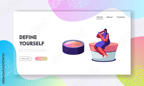 Woman Watching in Little Mirror Sitting on Huge Cream Jar, Cosmetics Products, Beauty Salon, Makeup Courses, Make Up School, Website Landing Page, Web Page. Cartoon Flat Vector Illustration, Banner