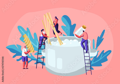 Male and Female Tiny Characters Cooking Pasta, Putting Spaghetti and Dry Macaroni in Huge Pan with Boiling Water Standing on Ladders, Tasty Food Preparing Process, Cartoon Flat Vector Illustration