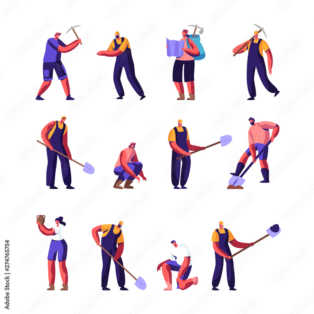 Fototapeta premium Archeologists and Road Repair Workers Set, Paleontology Scientists with Shovels and Pickaxe Working on Excavations or Digging Soil Layers Exploring Artifacts, Studying Cartoon Flat Vector Illustration