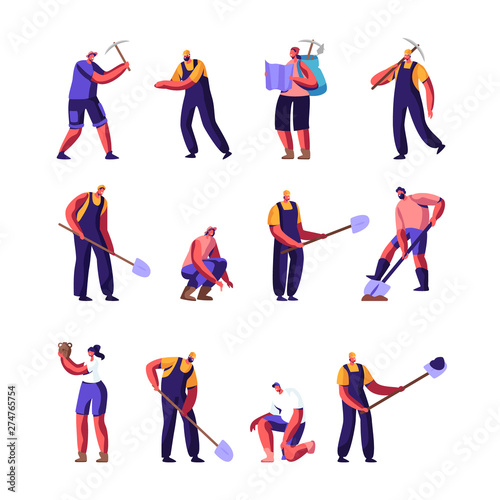 Archeologists and Road Repair Workers Set, Paleontology Scientists with Shovels and Pickaxe Working on Excavations or Digging Soil Layers Exploring Artifacts, Studying Cartoon Flat Vector Illustration