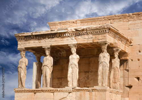 Porch of the Caryatids at famous ancient Erechtheion Greek temple on the north side of the Acropolis of Athens in Greece