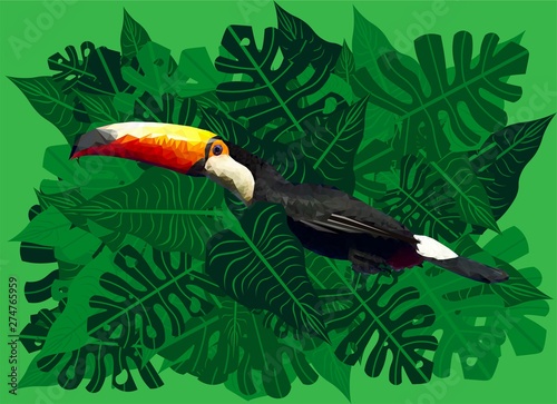 Geometric Toucan in Tropical Leaves Vector