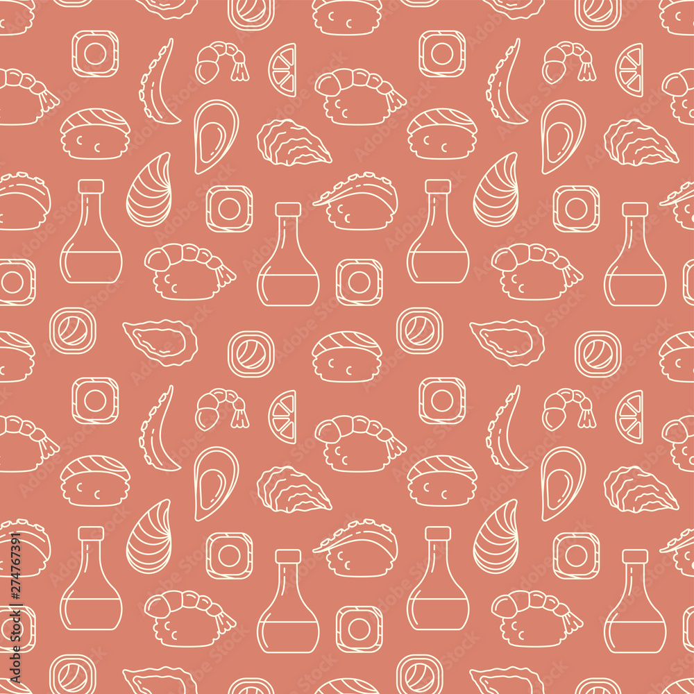 Seamless pattern with Japanese food elements in linear style