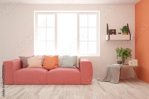 Stylish room in coral color with sofa. Scandinavian interior design. 3D illustration