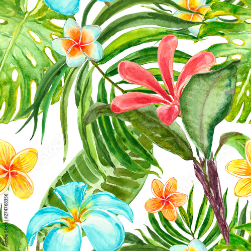 Summer tropical floral print. Watercolor seamless pattern with exotic plants  flowers and leaves. Green palm leaf  monstera  plumeria on white background.