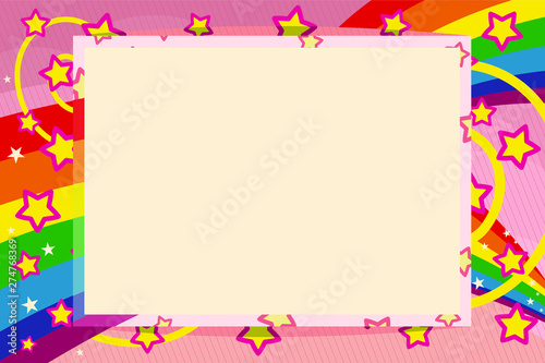 Pink vector photo frame on a pink background with stars  mogc spirals and rainbows. Nice and pretty. Suitable for children and adults.