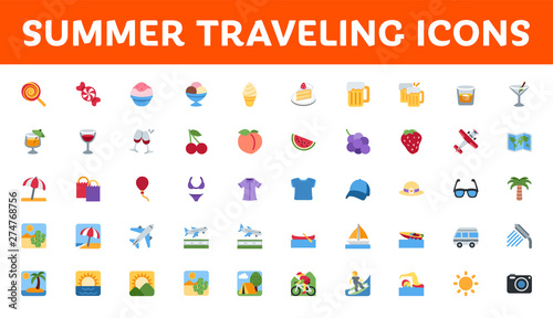 All type of summer travel icons, symbols, emojis vector illustration beach, surfing, activities, fruits, foods, drinks emoticons set, collection pack
