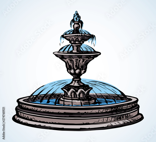 Old round fountain. Vector drawing