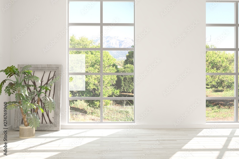 Fototapeta premium Stylish empty room in white color with summer landscape in window. Scandinavian interior design. 3D illustration
