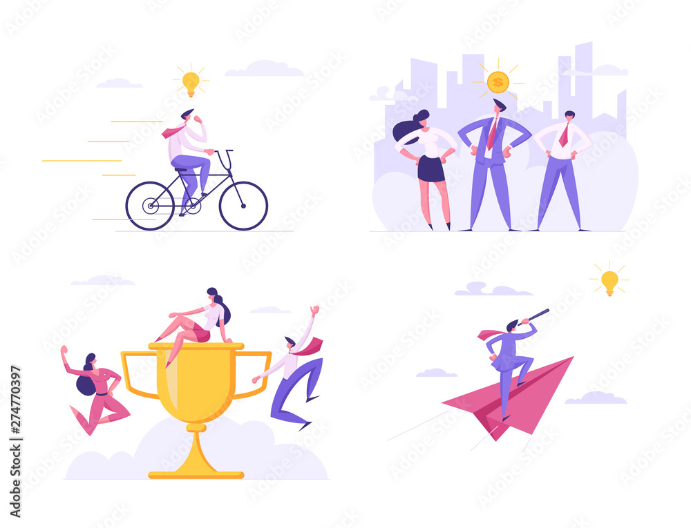 Creative Idea, Business Team, Winner Celebration, Success, Champion Leadership, Goal Achievement. Man Leader Stand on Huge Goblet, Business Vision, Future Strategy, Cartoon Flat Vector Illustration